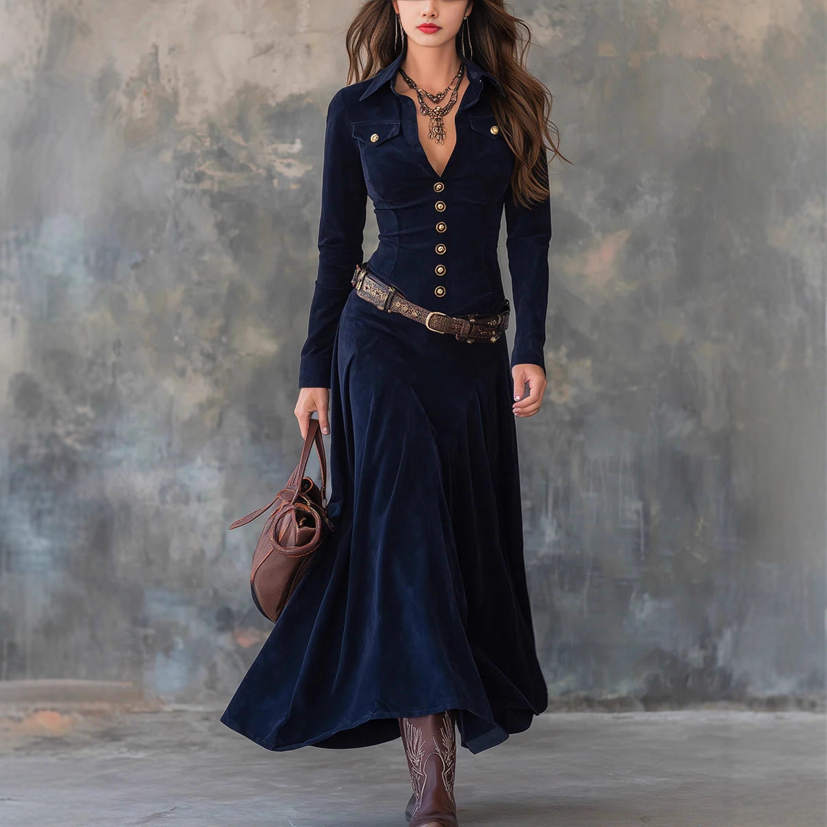 Elegant Long Sleeve Dress with Belt-Drees-Haxberry-Haxberry