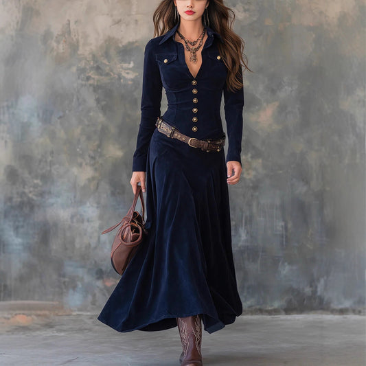Elegant Long Sleeve Dress with Belt-Drees-Haxberry-Haxberry