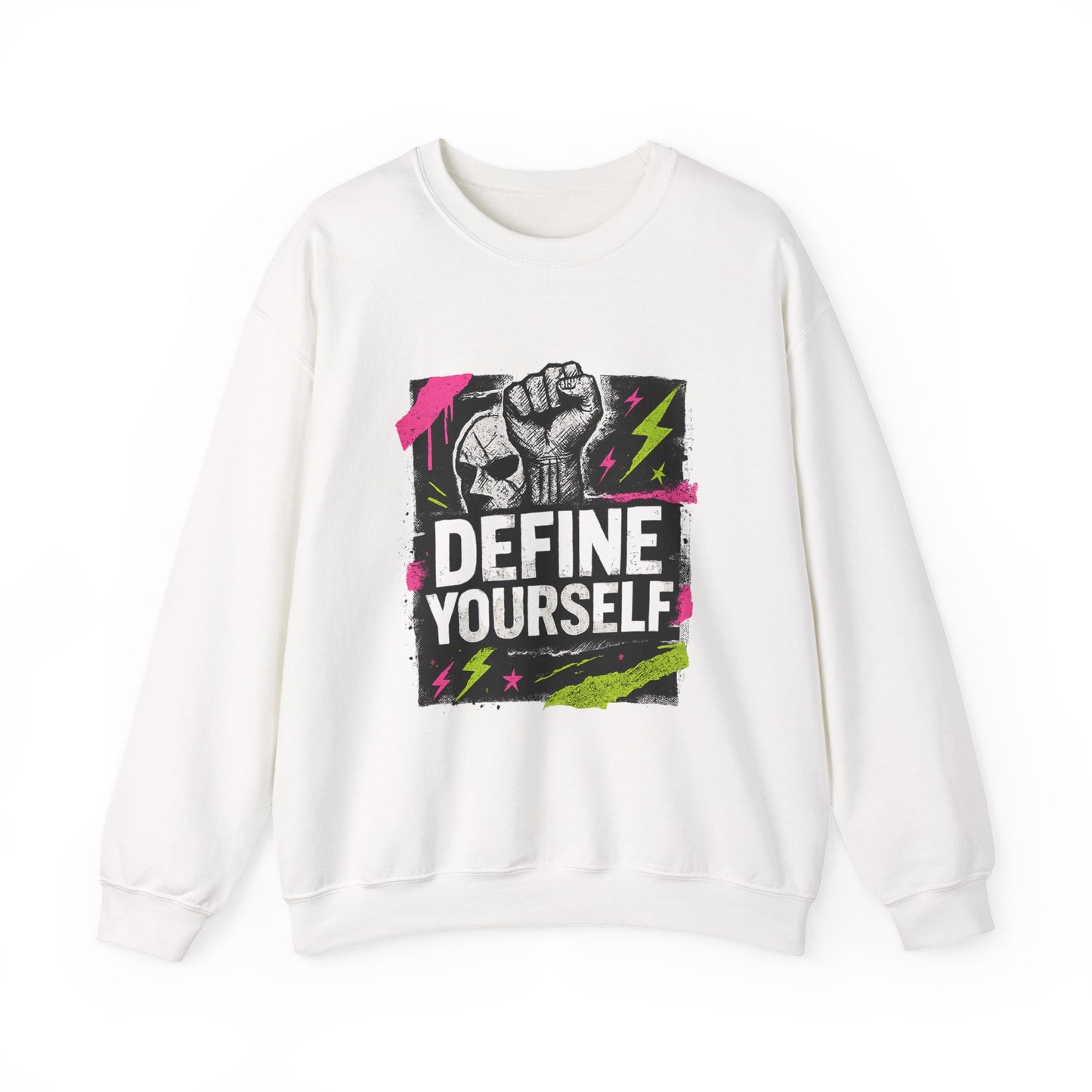 Define Yourself Graphic Sweatshirt — Empowerment Fist Crewneck-Sweatshirt-Haxberry-Color:White-Size:3XL-Printify