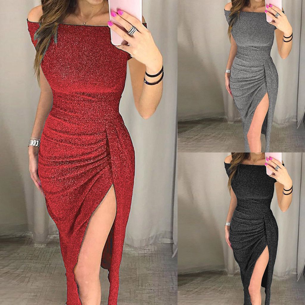 Women's Sparkling Party Dress with High Slit-Dress-Haxberry-Haxberry