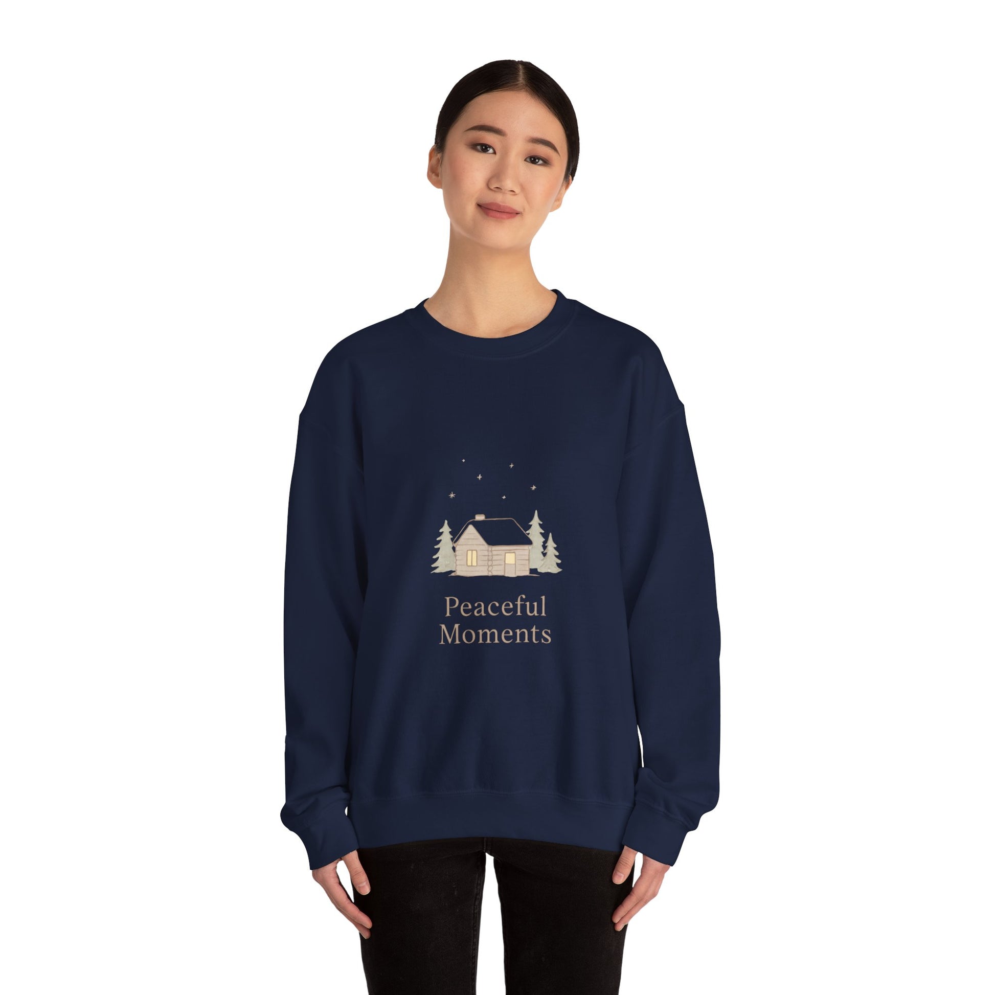 Peaceful Moments Cabin Sweatshirt — Cozy Winter Lodge Crewneck-Sweatshirt-Haxberry-Printify