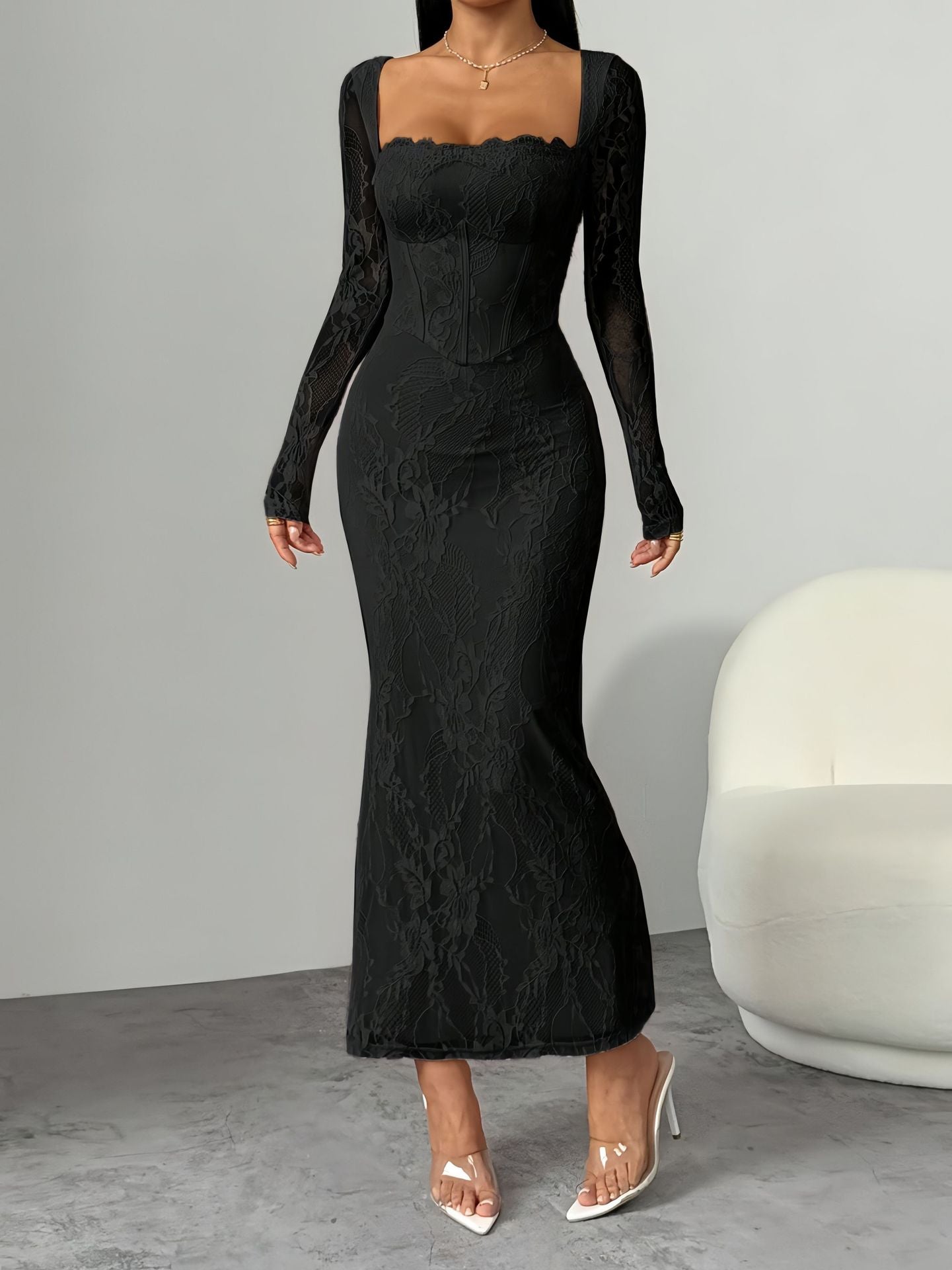 Womens Lace Dress-Dress-Haxberry-Color:Add full black-Size:2XL-Haxberry