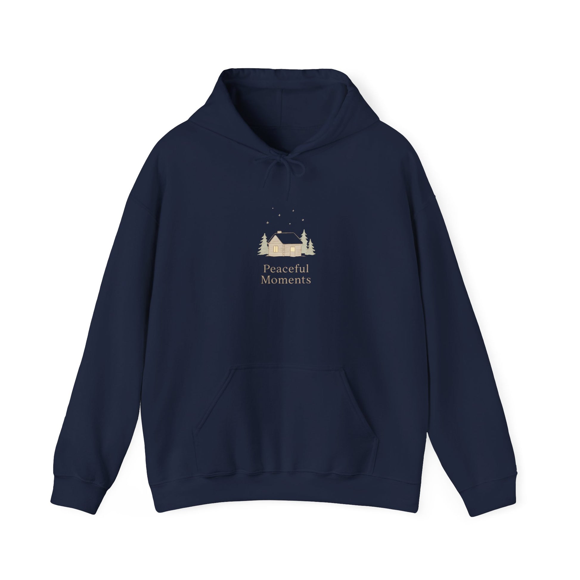 Peaceful Moments Hoodie — Minimal Cabin Graphic Hoodie-Hoodie-Haxberry-Size:5XL-Color:Navy-Printify