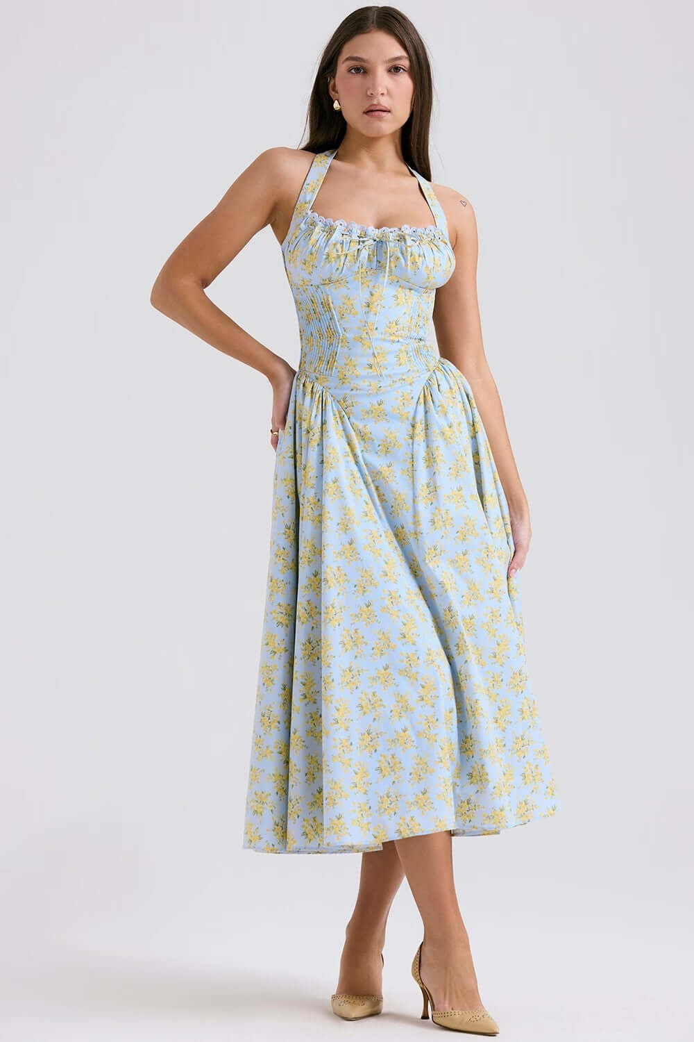 Floral Halter Neck Midi Dress-Drees-Haxberry-Color:Blue floral halterneck-Size:S-Haxberry