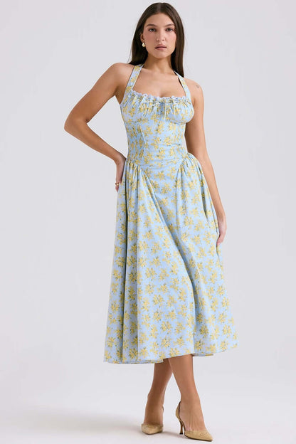 Floral Halter Neck Midi Dress-Drees-Haxberry-Color:Blue floral halterneck-Size:S-Haxberry