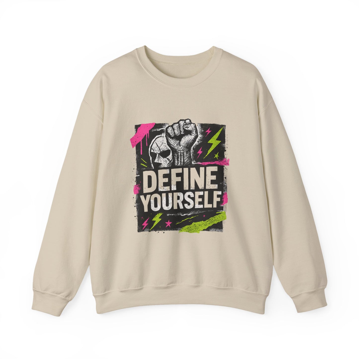 Define Yourself Graphic Sweatshirt — Empowerment Fist Crewneck-Sweatshirt-Haxberry-Color:Sand-Size:3XL-Printify