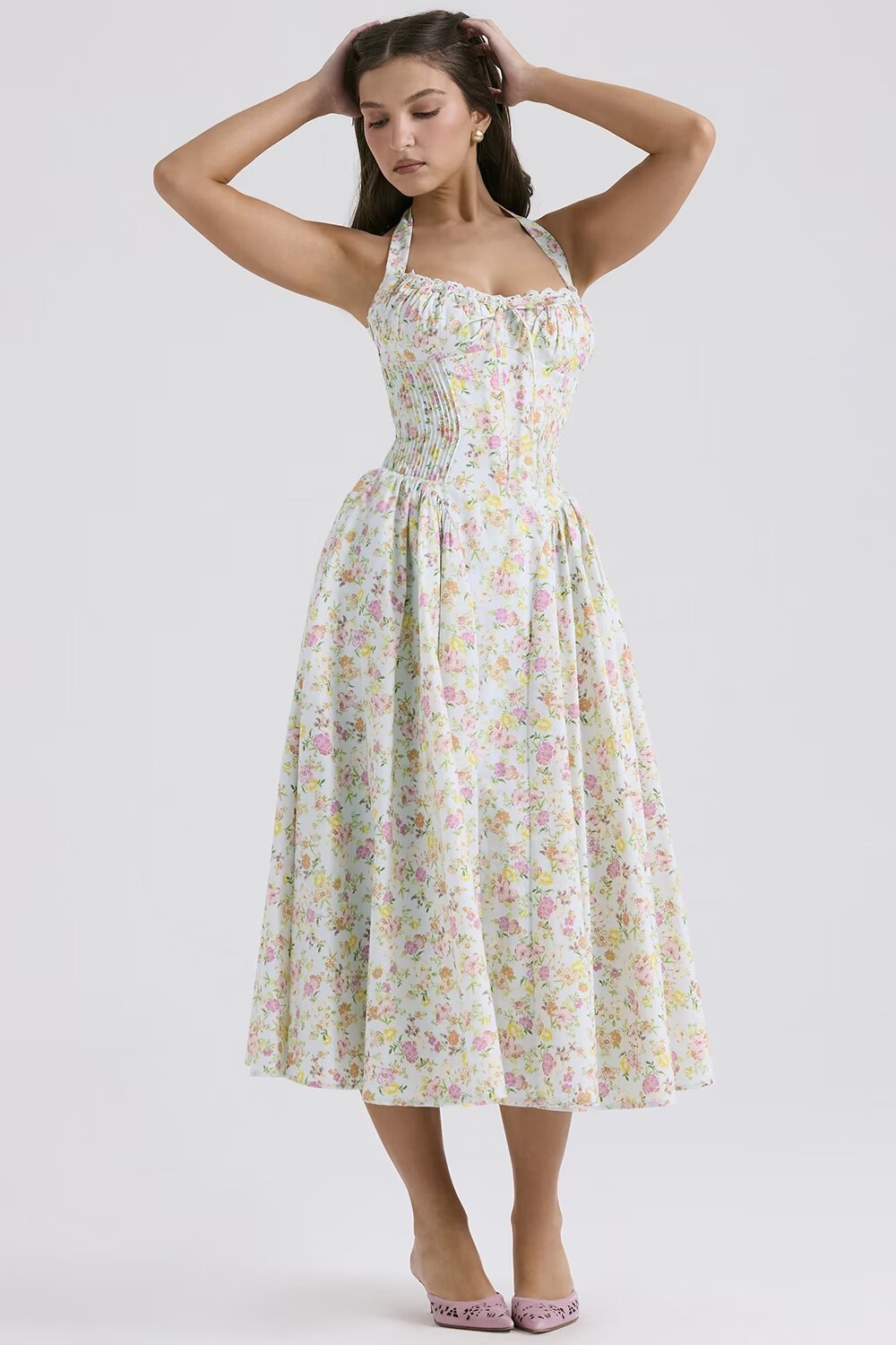 Floral Halter Neck Midi Dress-Drees-Haxberry-Color:Light blue floral halterneck-Size:L-Haxberry