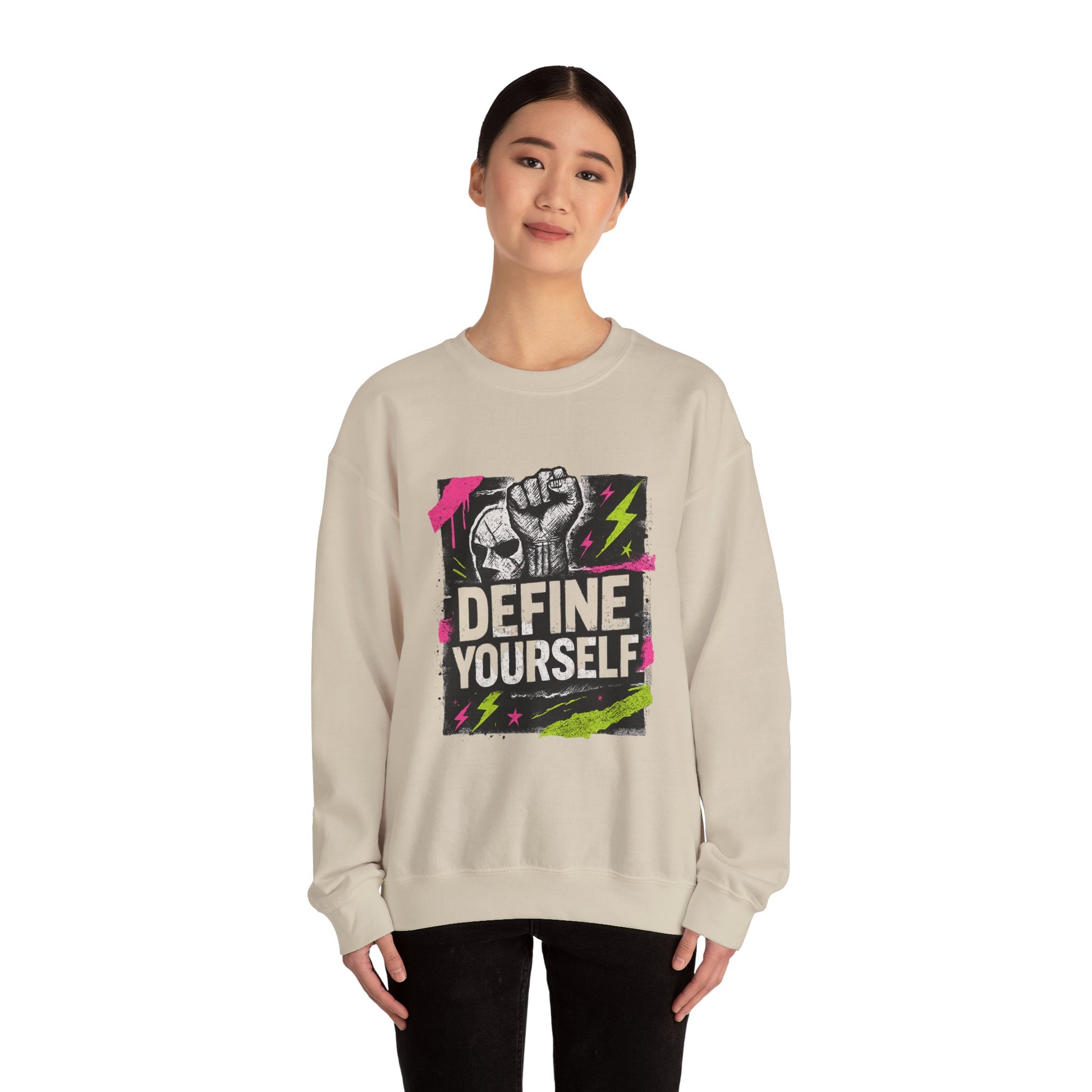 Define Yourself Graphic Sweatshirt — Empowerment Fist Crewneck-Sweatshirt-Haxberry-Printify