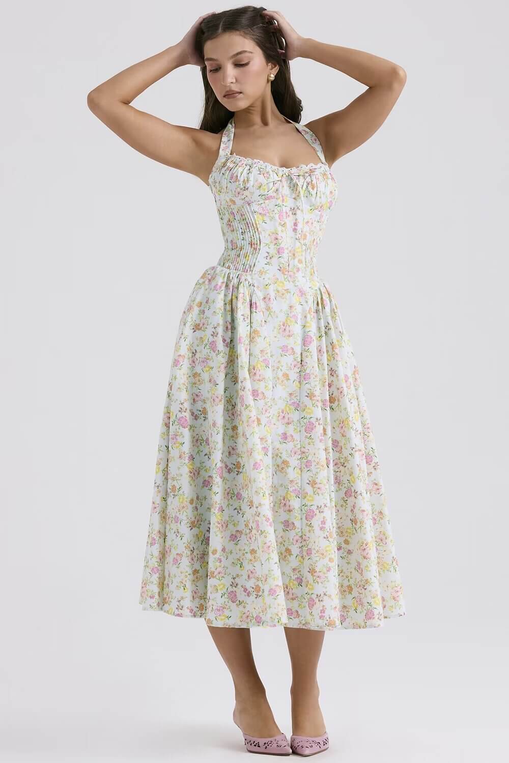 Floral Halter Neck Midi Dress-Drees-Haxberry-Color:Light blue floral halterneck-Size:M-Haxberry
