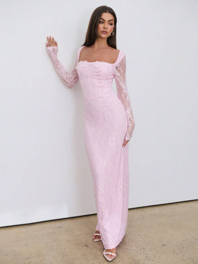 Womens Lace Dress-Dress-Haxberry-Color:Pink-Size:XL-Haxberry