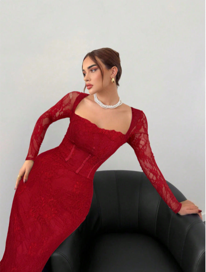 Womens Lace Dress-Dress-Haxberry-Color:red-Size:S-Haxberry