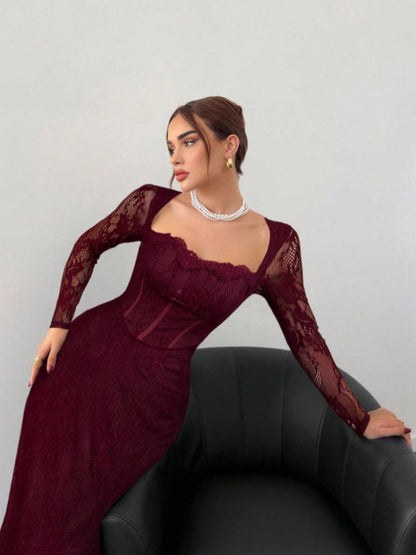 Womens Lace Dress-Dress-Haxberry-Color:burgundy-Size:M-Haxberry