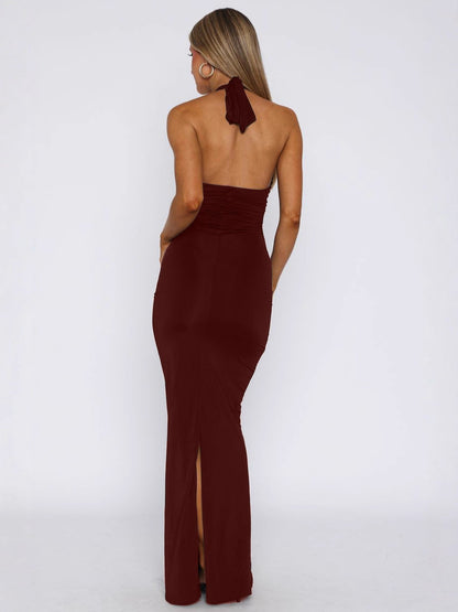 Sleeveless Bodycon Dress with Deep V-Neck and Slit-Drees-Haxberry-Haxberry