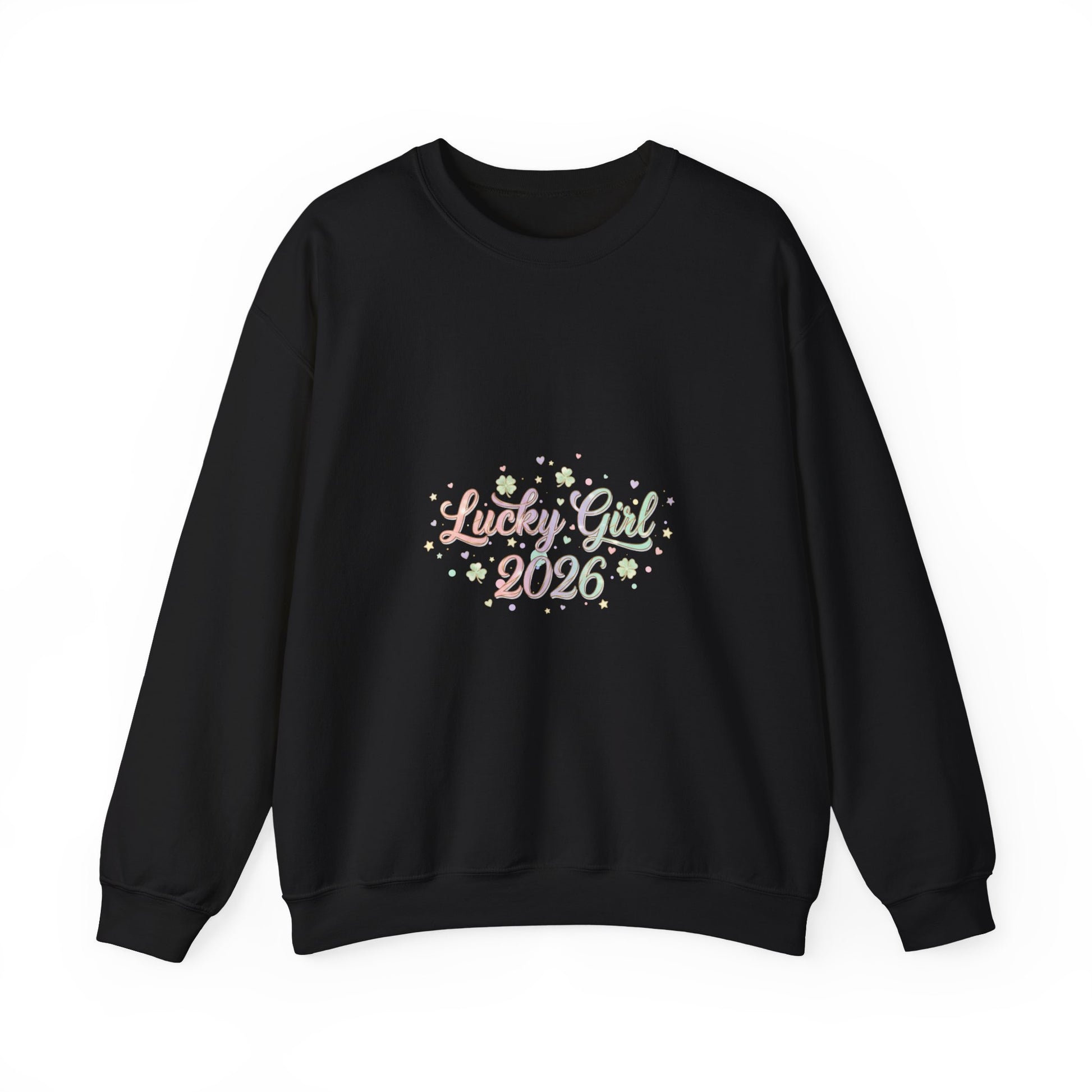 Lucky Girl 2026 Crewneck Sweatshirt | manifest luck, 2026 lucky charms-Sweatshirt-Haxberry-Color:Black-Size:4XL-Printify