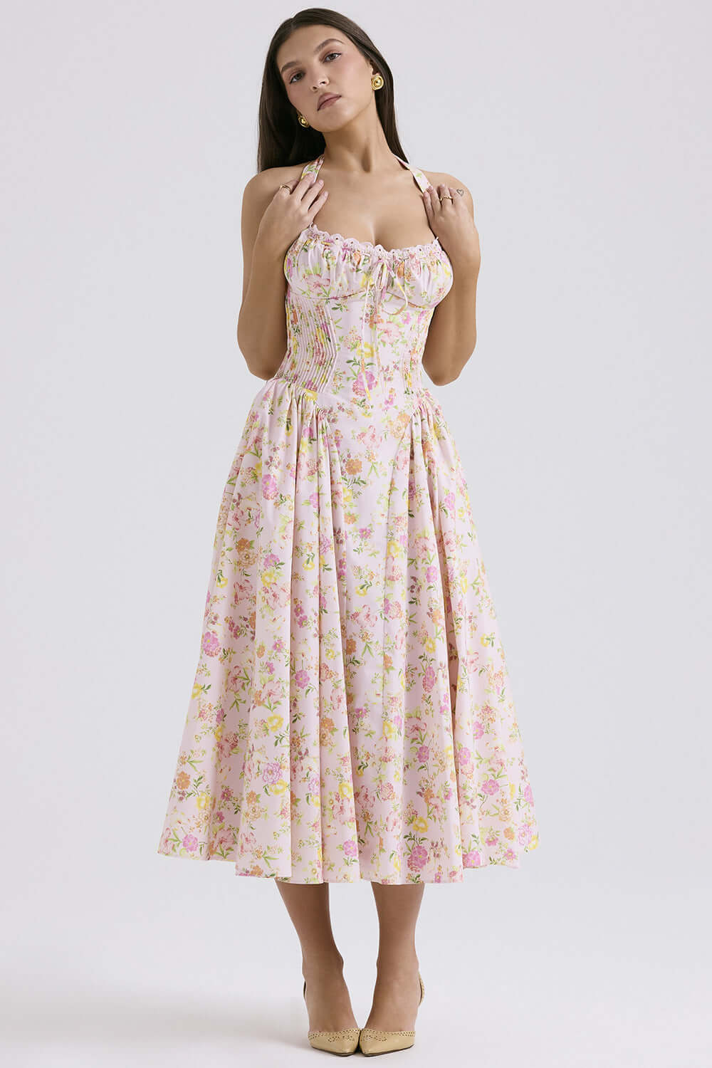 Floral Halter Neck Midi Dress-Drees-Haxberry-Color:Pink floral halterneck-Size:S-Haxberry