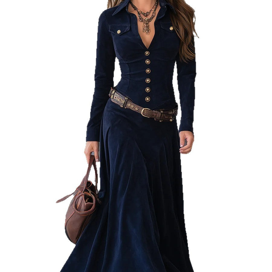Elegant Long Sleeve Dress with Belt-Drees-Haxberry-Haxberry