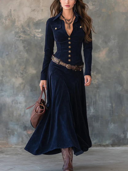 Elegant Long Sleeve Dress with Belt-Drees-Haxberry-Color:Navy Blue-Size:S-Haxberry