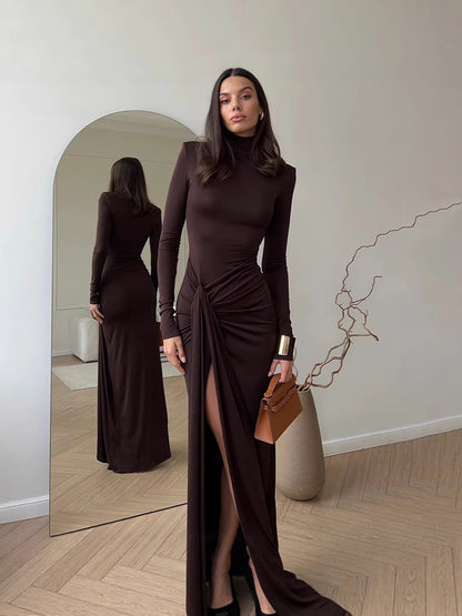 Women Solid Color Tie Waist Long Sleeve Dress-Drees-Haxberry-Haxberry