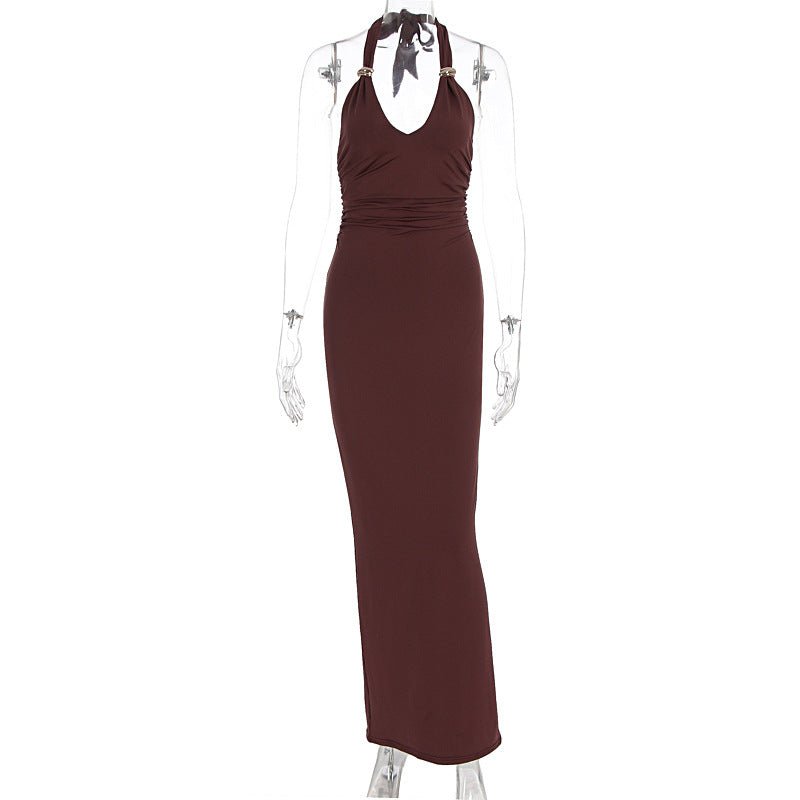 Sleeveless Bodycon Dress with Deep V-Neck and Slit-Drees-Haxberry-Color:Burgundy-Size:M-Haxberry