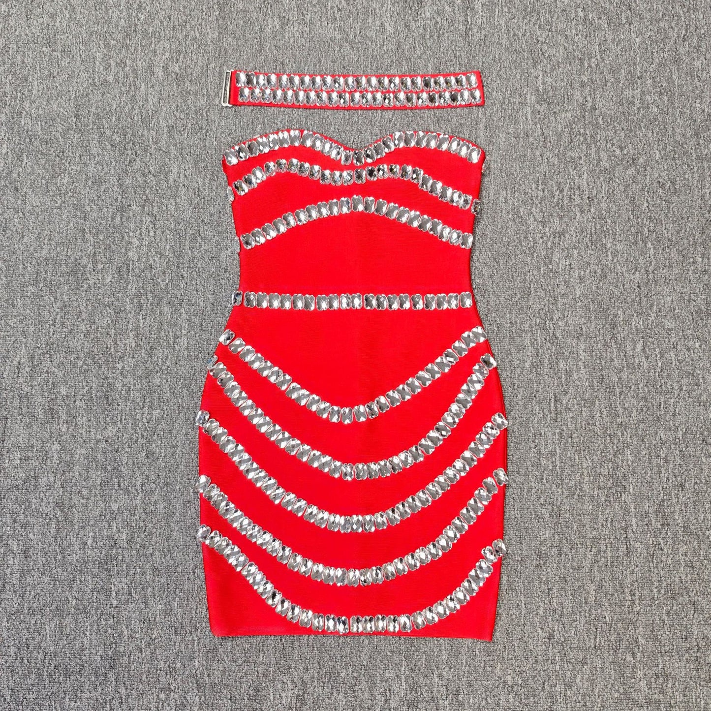 Rhinestone Bodycon Tube Top Evening Dress-Dress-Haxberry-Color:Red-Size:M-Haxberry