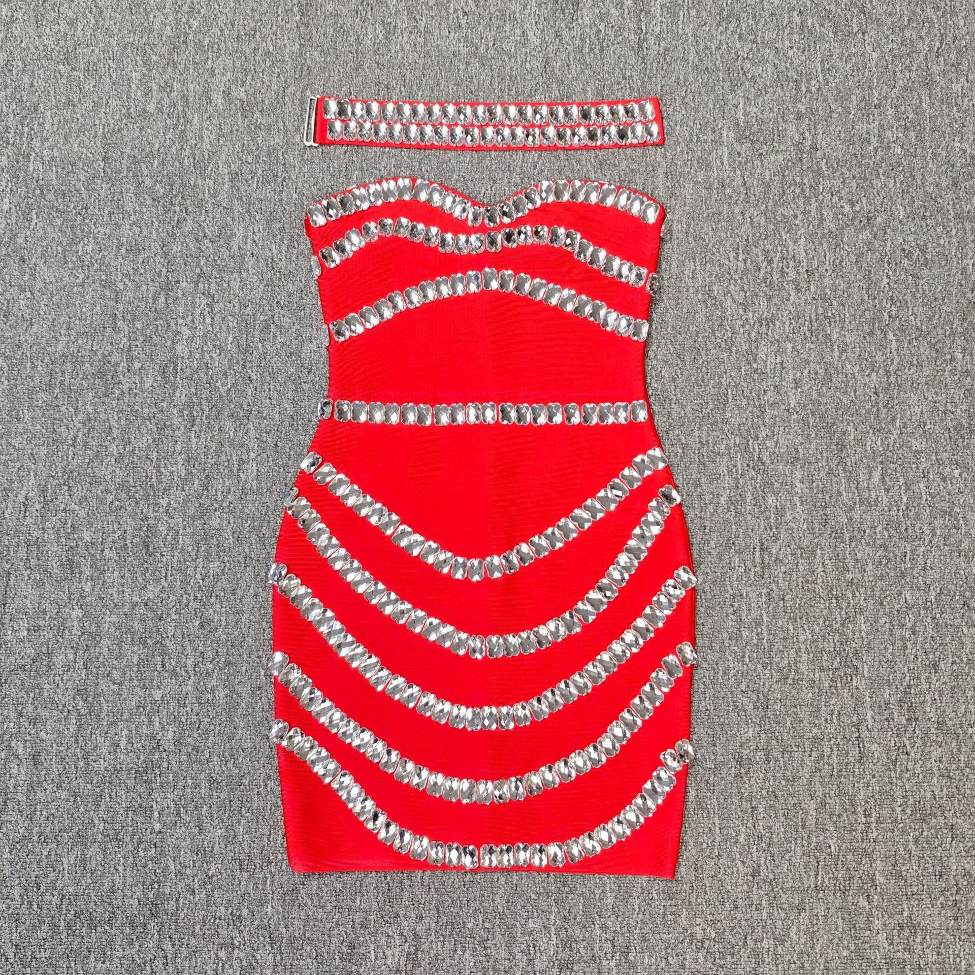 Rhinestone Bodycon Tube Top Evening Dress-Dress-Haxberry-Color:Red-Size:M-Haxberry