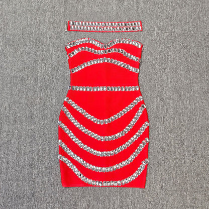 Rhinestone Bodycon Tube Top Evening Dress-Dress-Haxberry-Color:Red-Size:M-Haxberry