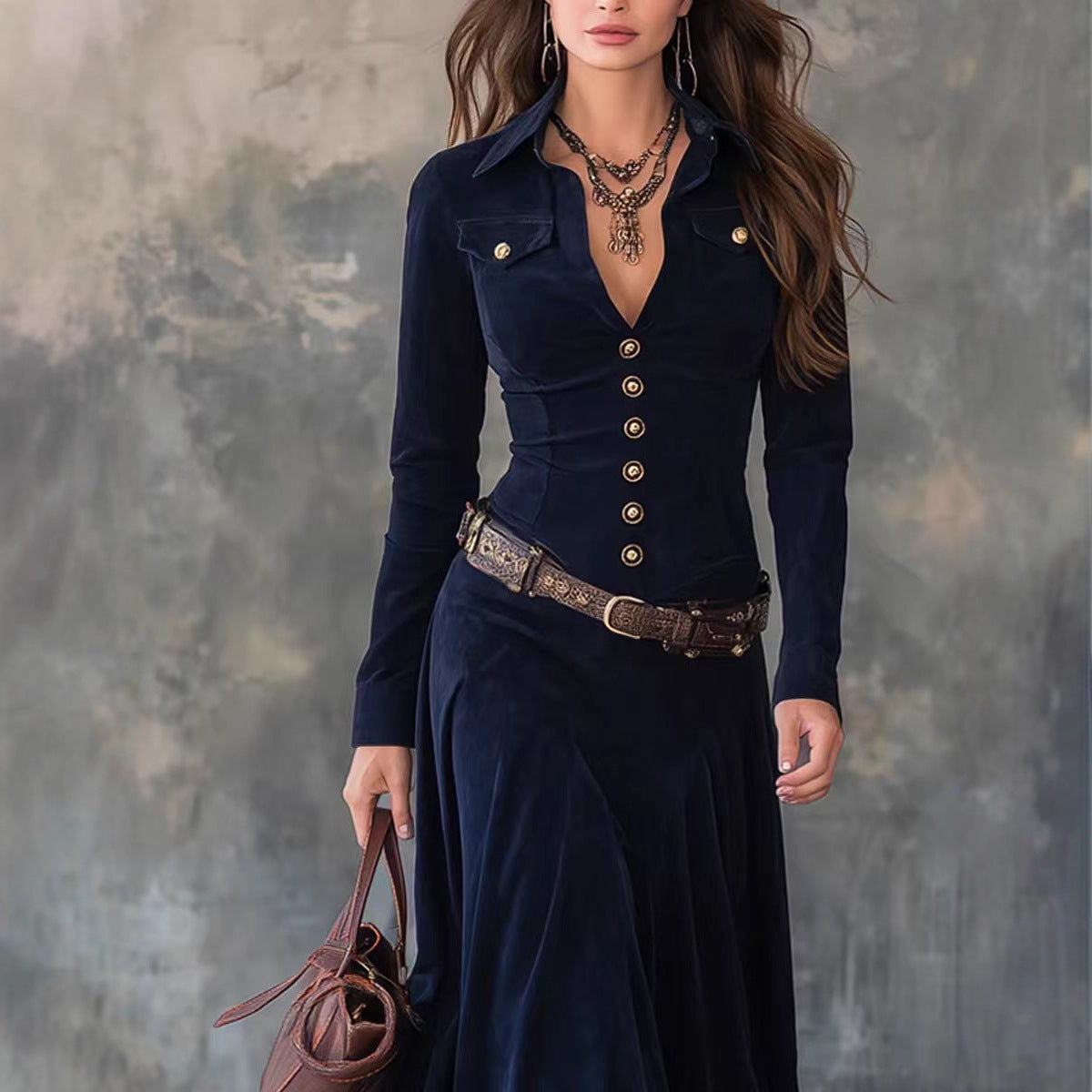 Elegant Long Sleeve Dress with Belt-Drees-Haxberry-Haxberry
