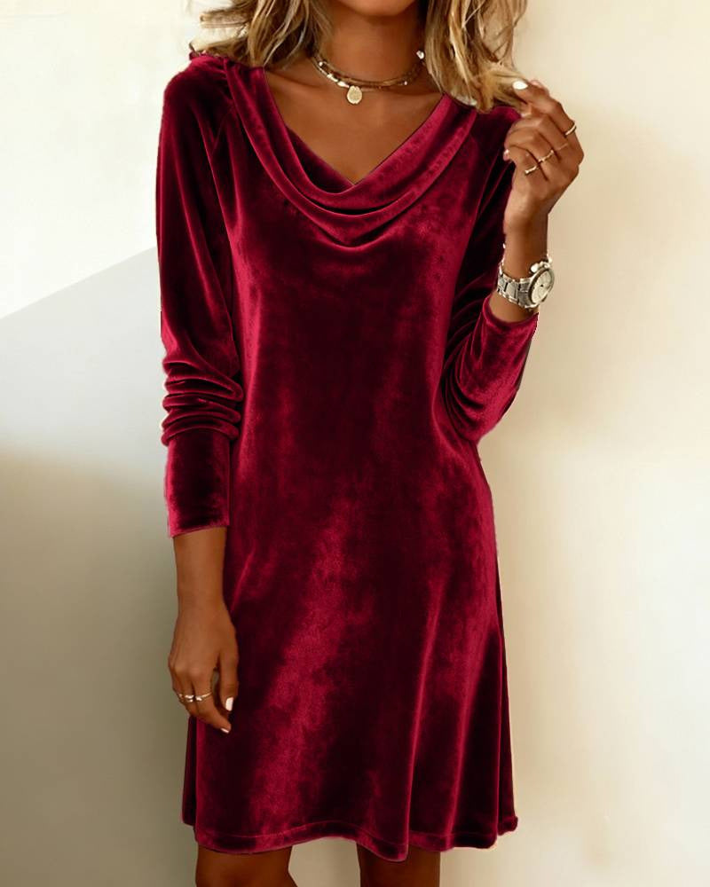 Velvet Cowl Neck Dress-Drees-Haxberry-Color:Burgundy-Size:XL-Haxberry