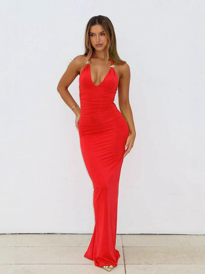 Sleeveless Bodycon Dress with Deep V-Neck and Slit-Drees-Haxberry-Haxberry