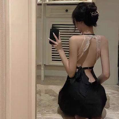 Lace trimmed low-cut silk nightgown